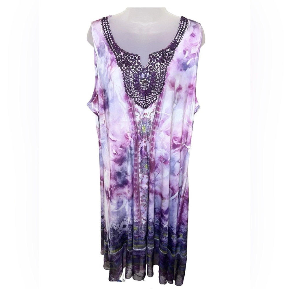 World Unity 2X Midi Dress Embellished Neck Purple Sheer Hem Crotchet Tie Dye